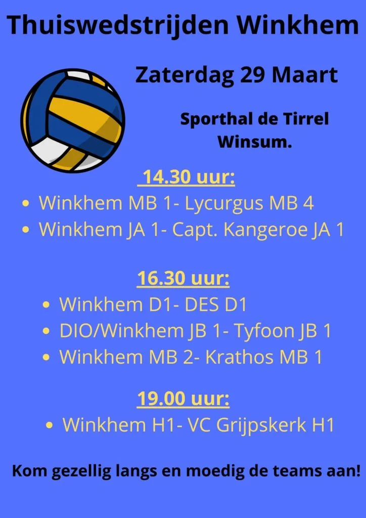 Thuiswedstrijden Winkhem Zaterdag 29 Maart